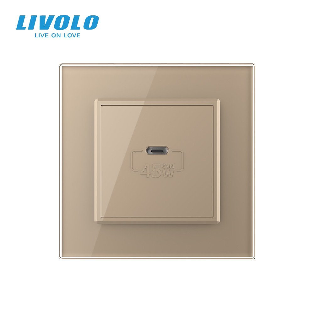 Розетка USB Type-C LIVOLO з Power Delivery 45Вт, золота, настінна, дизайнерська, скляна рамка 3