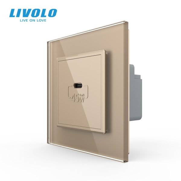 Розетка USB Type-C LIVOLO з Power Delivery 45Вт, золота, настінна, дизайнерська, скляна рамка