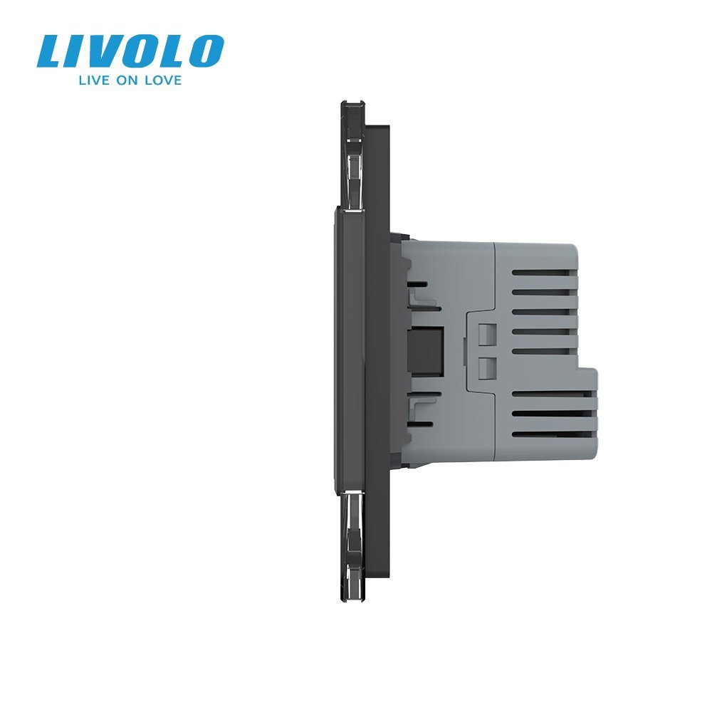 Розумний прохідний подвійний сенсорний вимикач із розеткою та розеткою USB Type-C 18 Вт LIVOLO чорний скло 2
