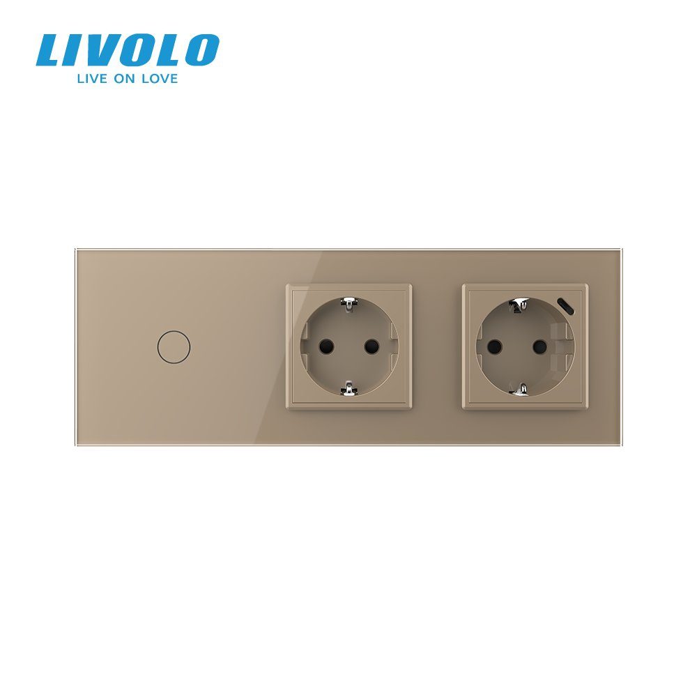 Розумний сенсорний (дотиковий) вимикач з 2 розетками LIVOLO золото скло 3