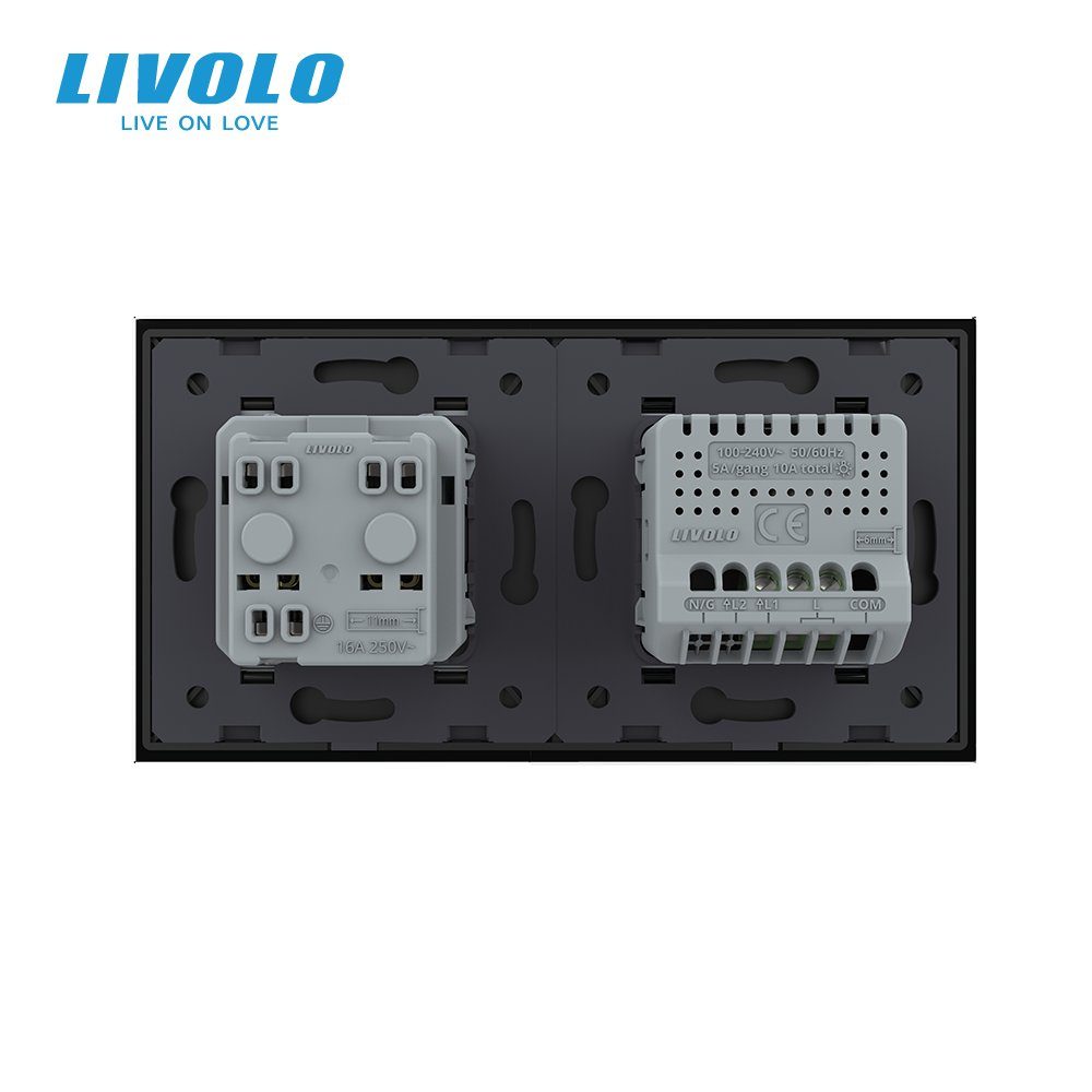 Розумний сенсорний (дотиковий) вимикач LIVOLO з розеткою чорний скло Wi-Fi 4