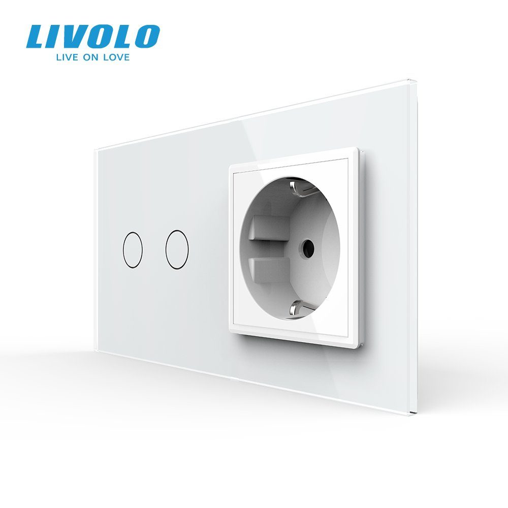Розумний сенсорний (дотиковий) вимикач LIVOLO 2 клавіші з розеткою білий скло Wi-Fi