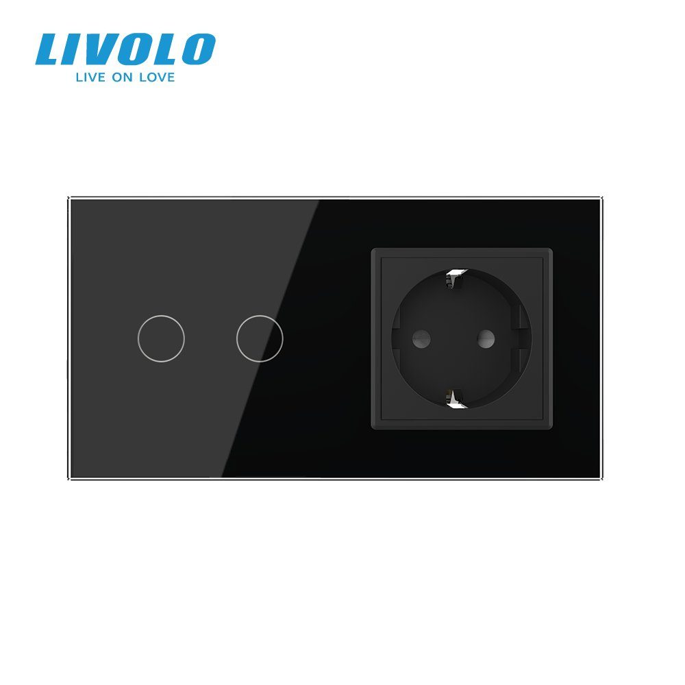 Розумний сенсорний (дотиковий) вимикач LIVOLO 2 клавіші з розеткою чорний скло Wi-Fi 2