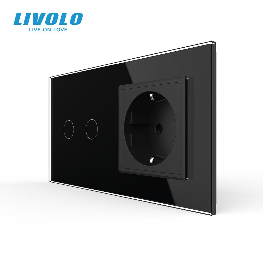 Розумний сенсорний (дотиковий) вимикач LIVOLO 2 клавіші з розеткою чорний скло Wi-Fi