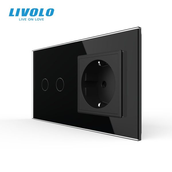 Розумний сенсорний (дотиковий) вимикач LIVOLO 2 клавіші з розеткою чорний скло Wi-Fi
