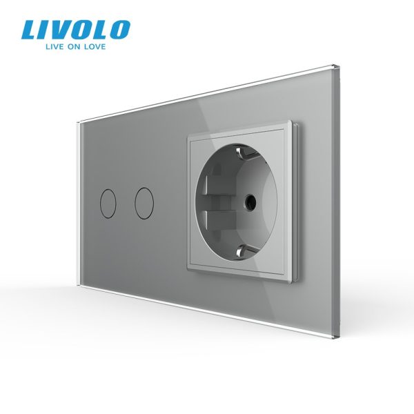 Розумний сенсорний (дотиковий) вимикач LIVOLO 2 клавіші з розеткою сірий скло Wi-Fi