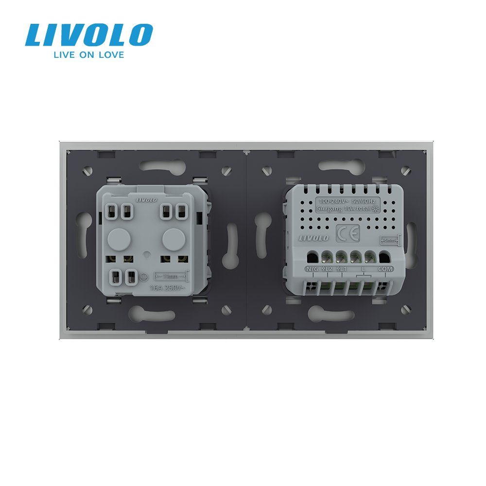 Розумний сенсорний (дотиковий) вимикач LIVOLO 2 клавіші з розеткою сірий скло Wi-Fi 4