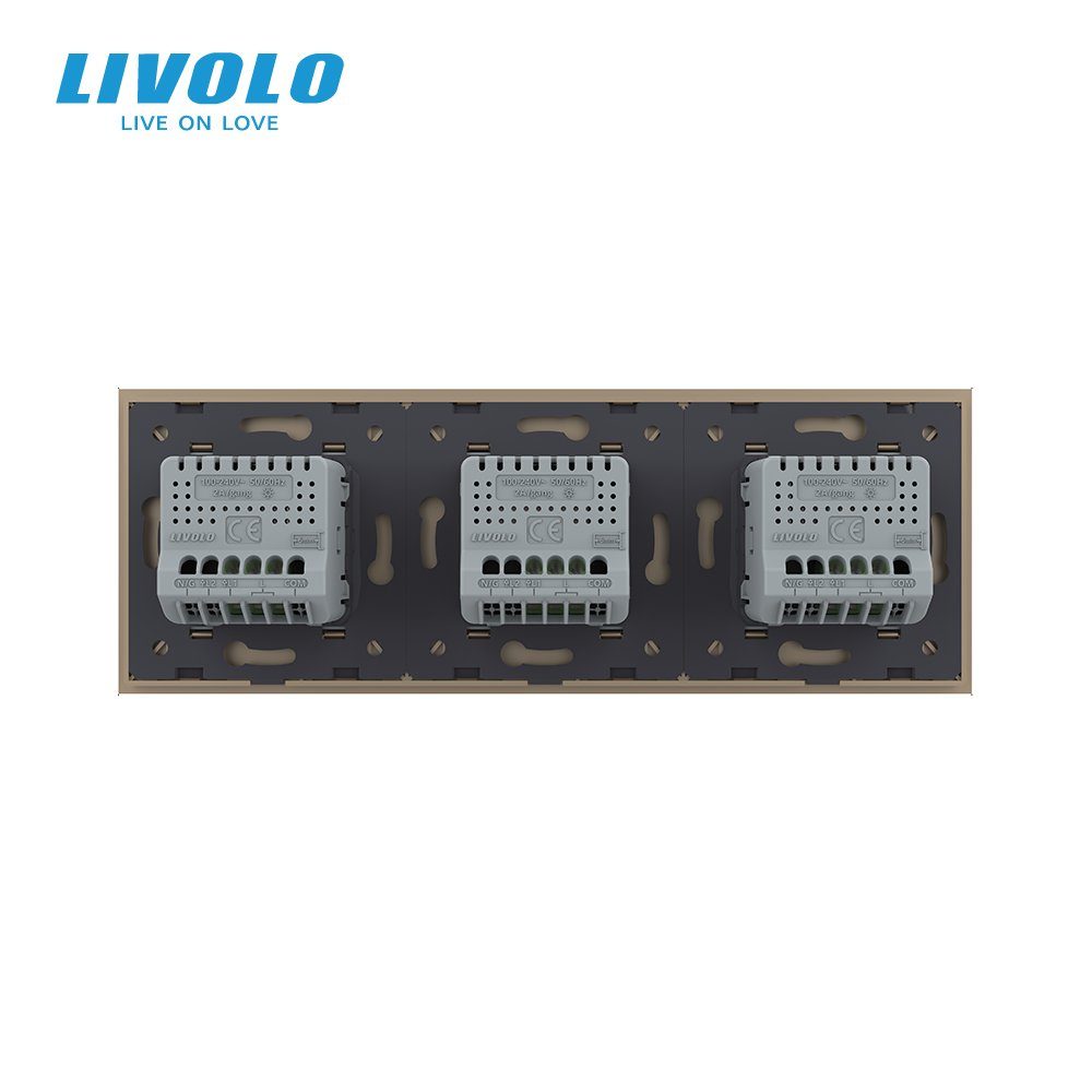 Розумний сенсорний прохідний димер LIVOLO 3 сенсори (1-1-1), золотий, скло, 2A 230V 4