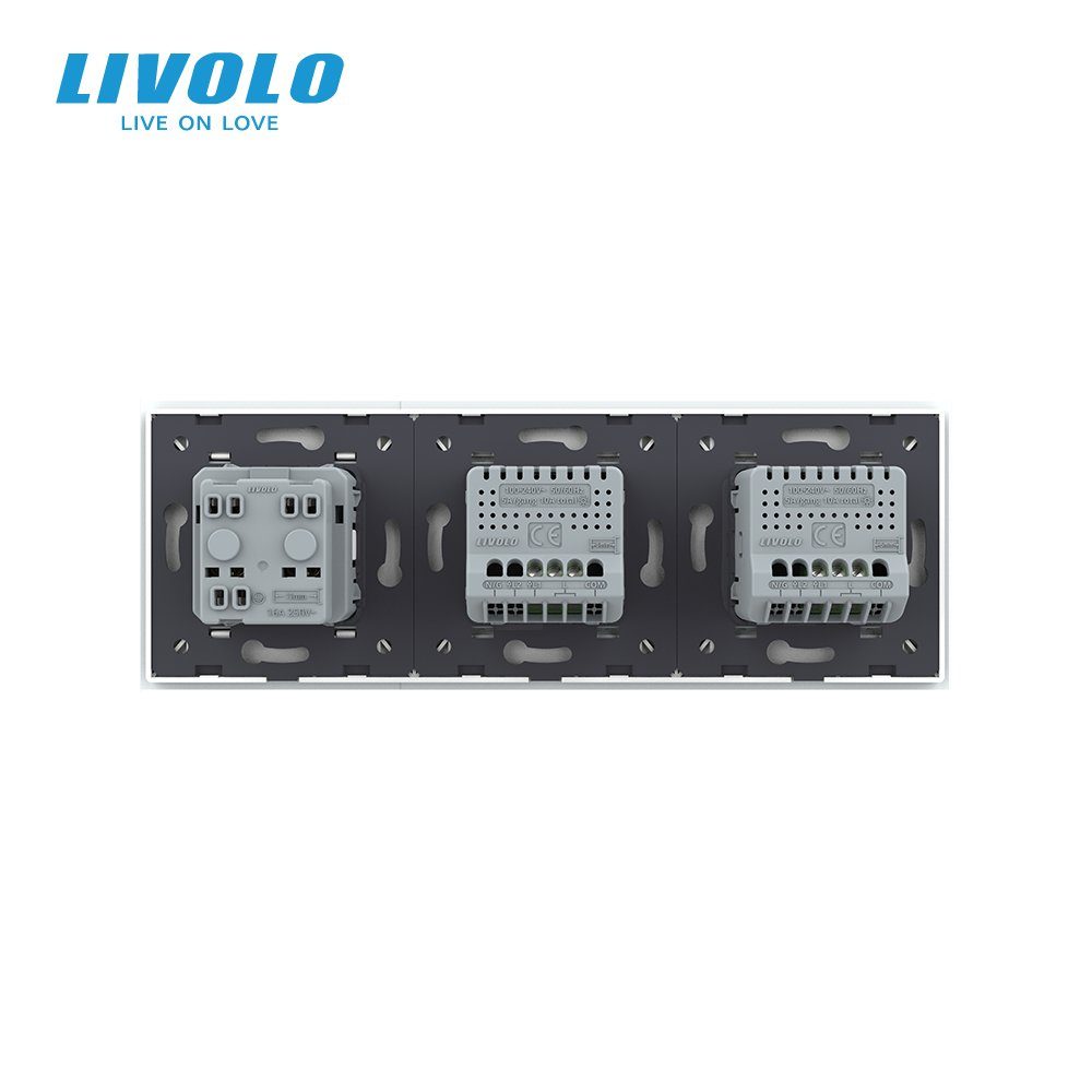 Розумний сенсорний димер LIVOLO 2 сенсори (1-1) з розеткою, білий скло, 16A 230V, заземлення, захисні шторки 4