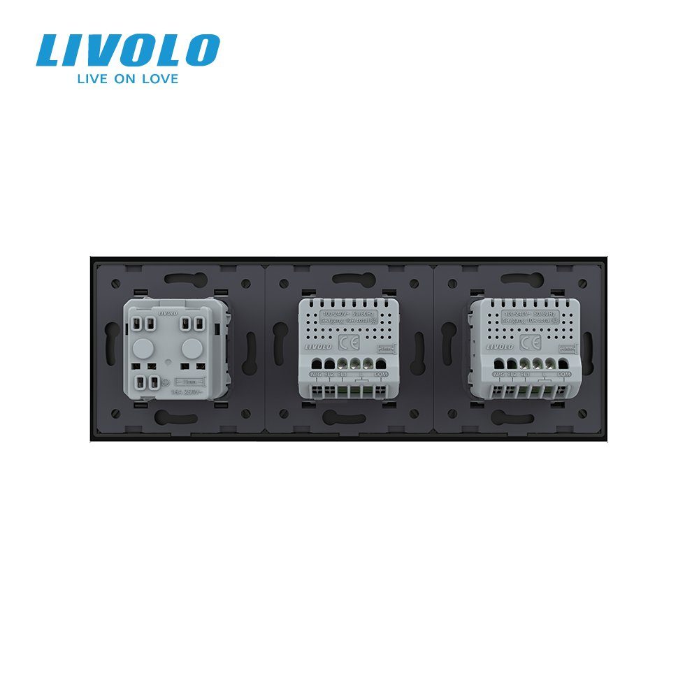 Розумний сенсорний димер LIVOLO 2 сенсори (1-1) з розеткою, чорний скло, 16A 230V, заземлення, захисні шторки 4