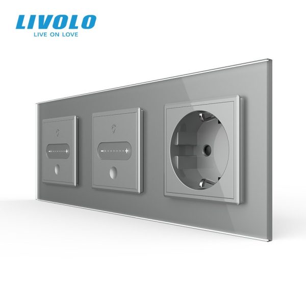 Розумний сенсорний димер LIVOLO 2 сенсори (1-1) з розеткою, сірий скло, 16A 230V, заземлення, захисні шторки