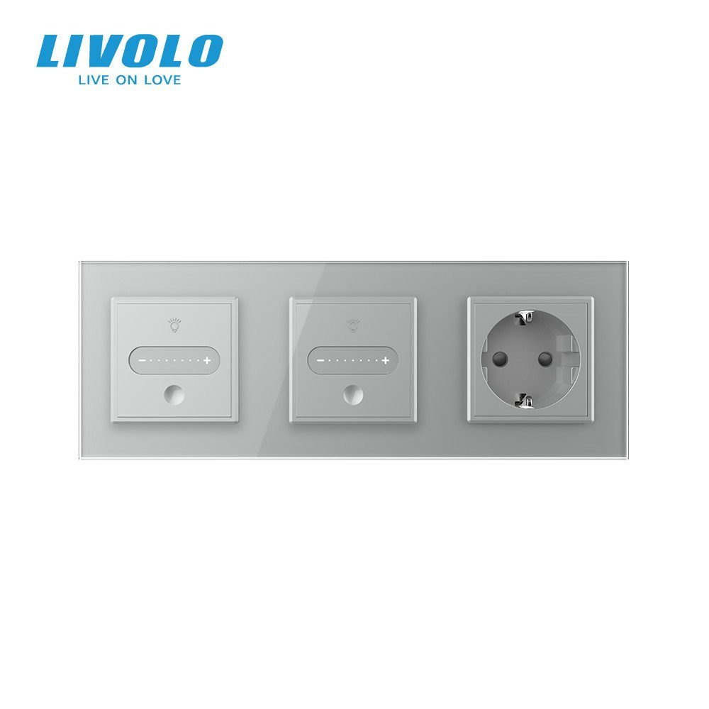 Розумний сенсорний димер LIVOLO 2 сенсори (1-1) з розеткою, сірий скло, 16A 230V, заземлення, захисні шторки 3