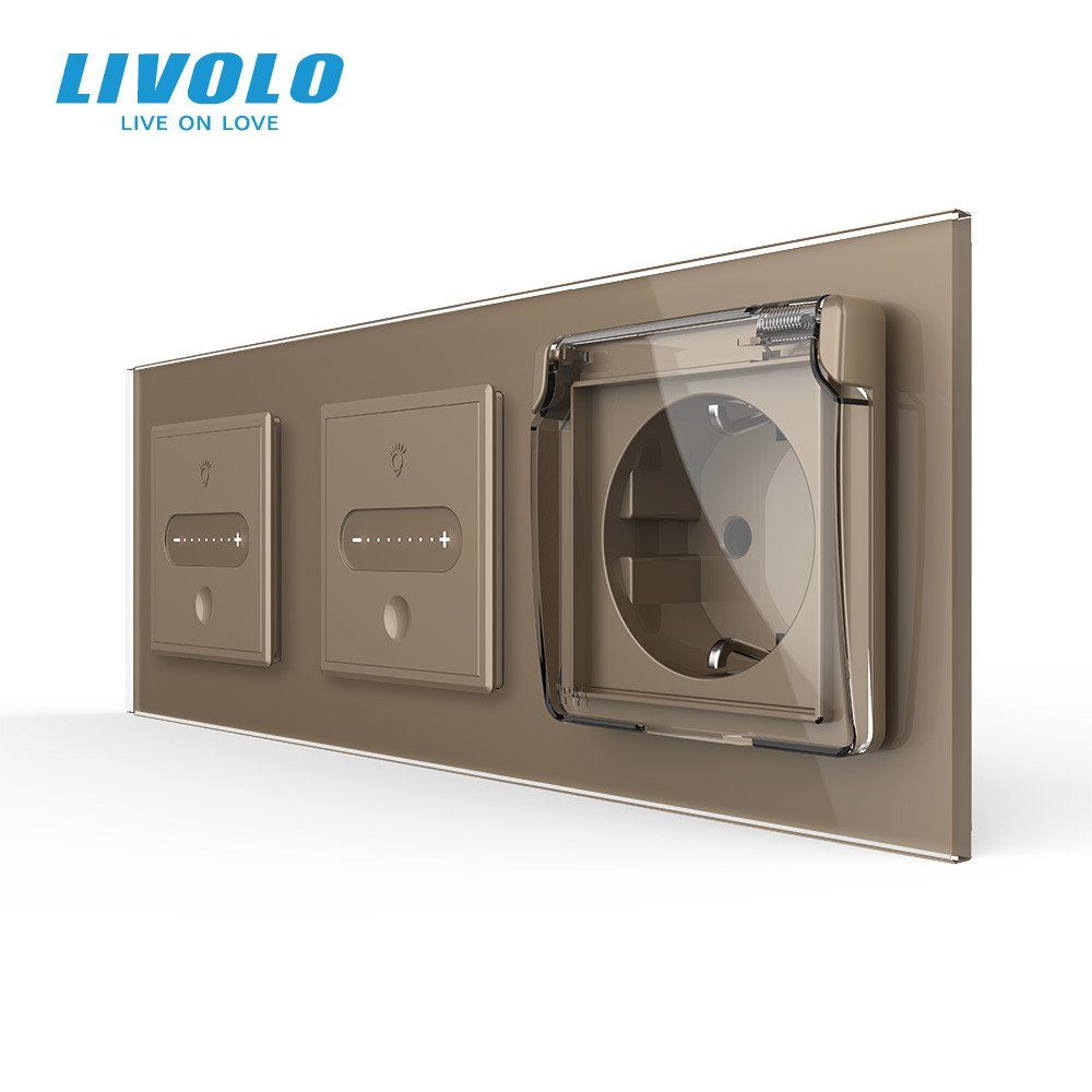 Розумний прохідний сенсорний димер LIVOLO 2 сенсори (1-1) з розеткою IP44, кришка, золото скло, заземлення