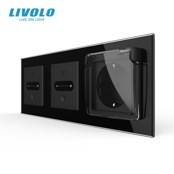 Розумний прохідний сенсорний димер LIVOLO 2 сенсори (1-1) з розеткою IP44, кришка, чорний скло, заземлення