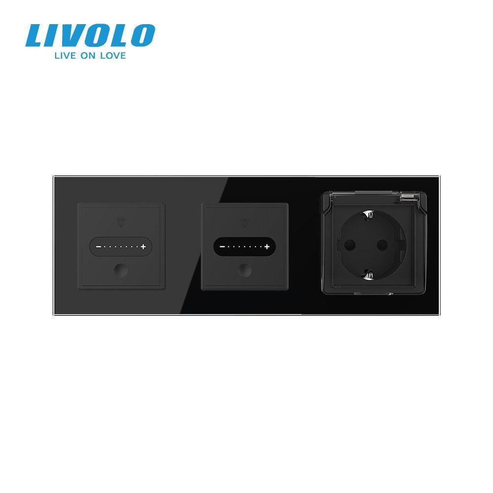Розумний прохідний сенсорний димер LIVOLO 2 сенсори (1-1) з розеткою IP44, кришка, чорний скло, заземлення 3