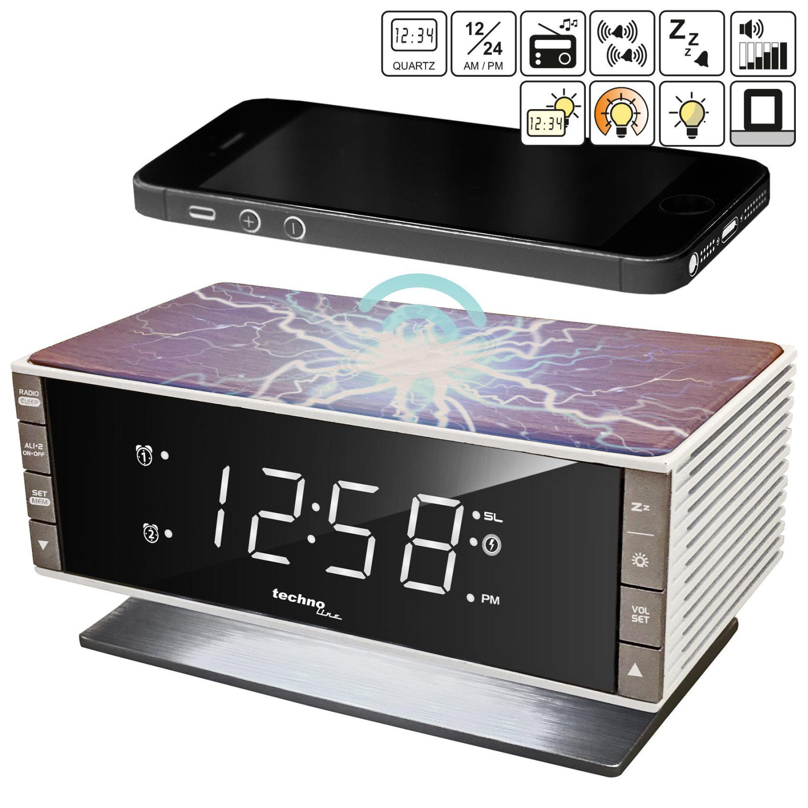Годинник настільний з радіо Technoline WT487 Wireless Mobile Charging White/Brown (WT487) 5