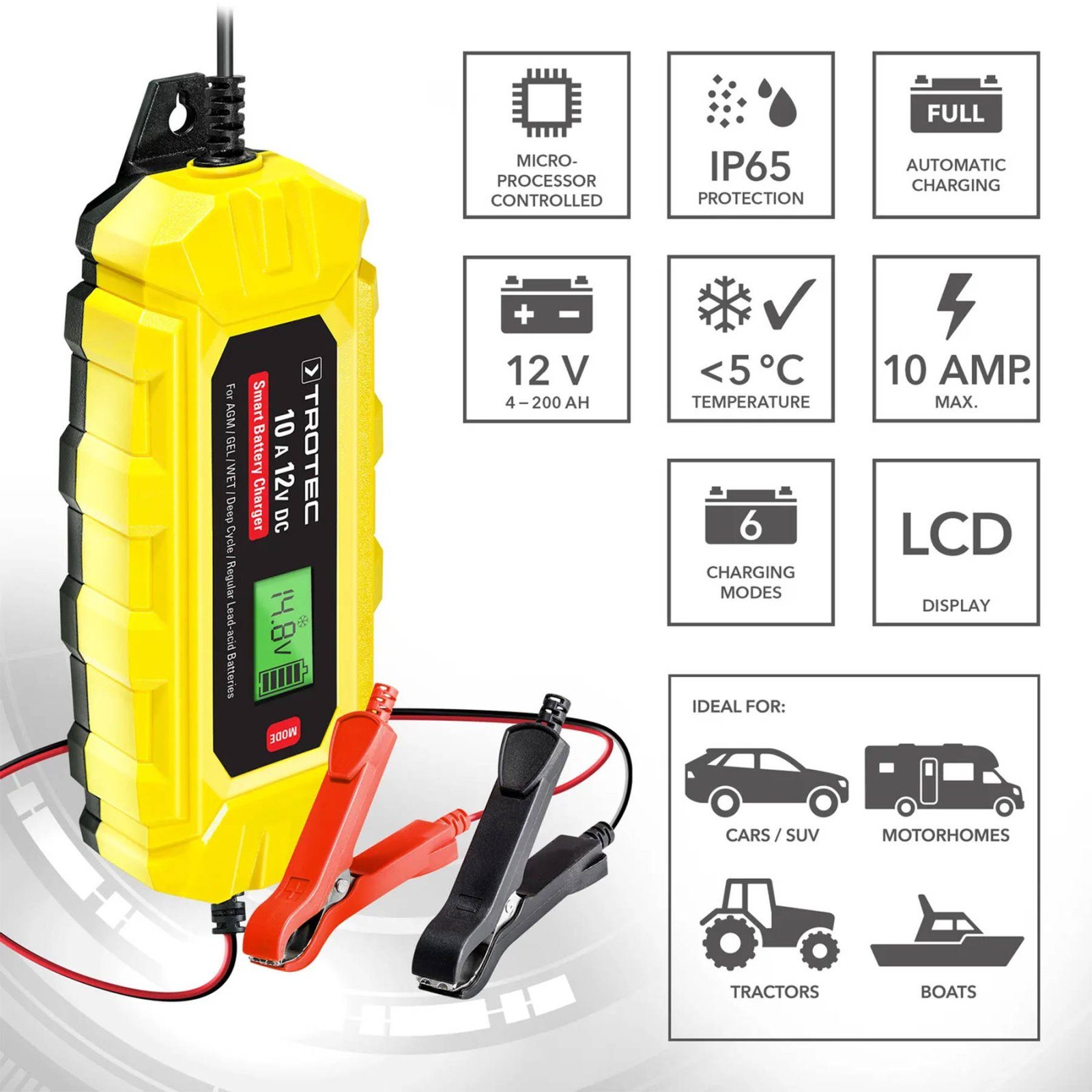 Зарядний пристрій для автомобільного акумулятора Trotec PBCS 10A, 12V, 4-200Ah (4675000015) 3