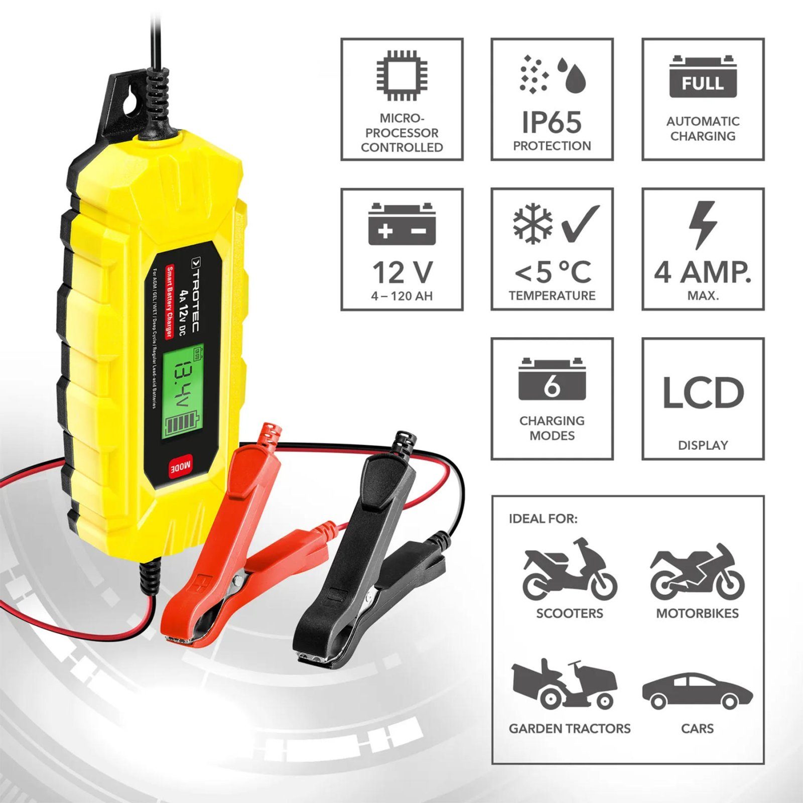 Зарядний пристрій для автомобільного акумулятора Trotec PBCS 4A, 12V, 4-120Ah (4675000005) 10
