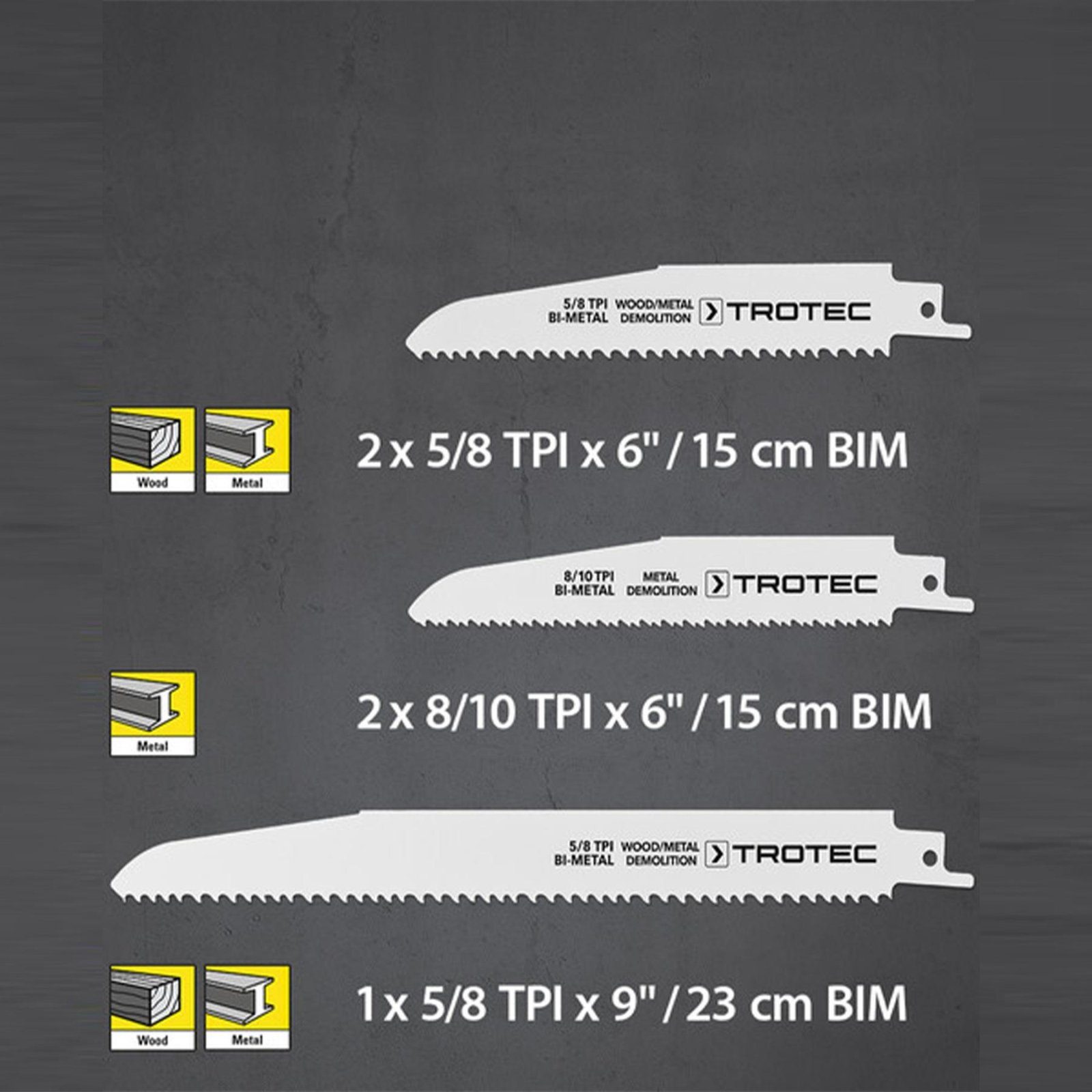 Набір пиляльних полотен для пили шабельної Trotec 5 pieces Wood/Metal Set (6215001201) 3