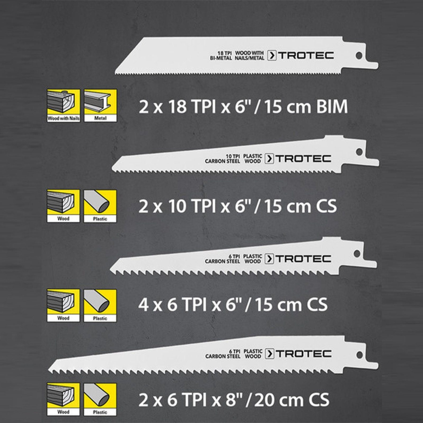 Набір пиляльних полотен для пили шабельної Trotec 10 pieces Wood/Metal/Plastic Set (6215001205) 9