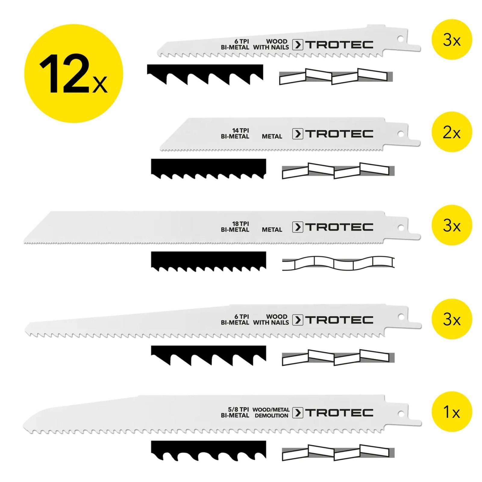 Набір пиляльних полотен для пили шабельної Trotec 12 pieces Wood/Metal Set (6215001210)