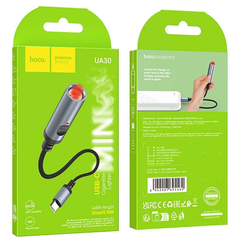 Портативний прикурювач запальничка Hoco UA30 Type-C Black 6