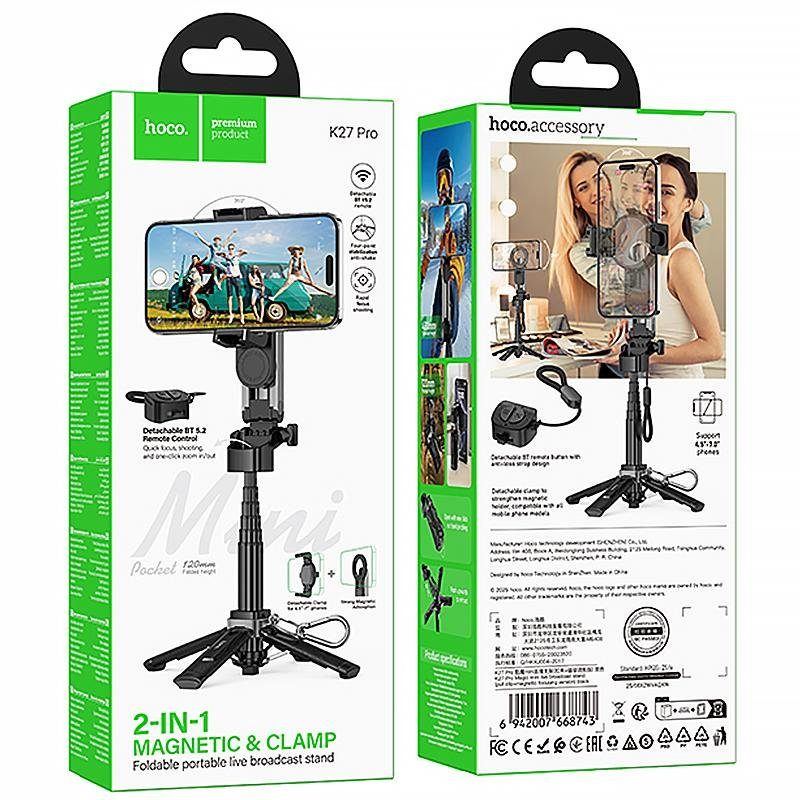 Монопод для селфі Hoco K27 Pro magnetic трипод + знімний BT пульт Black 6