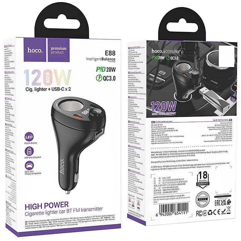 АЗП FM модулятор Hoco E88 Star cigarette lighter+PD20W+QC3.0 total 120W (2USB-C) Black 6