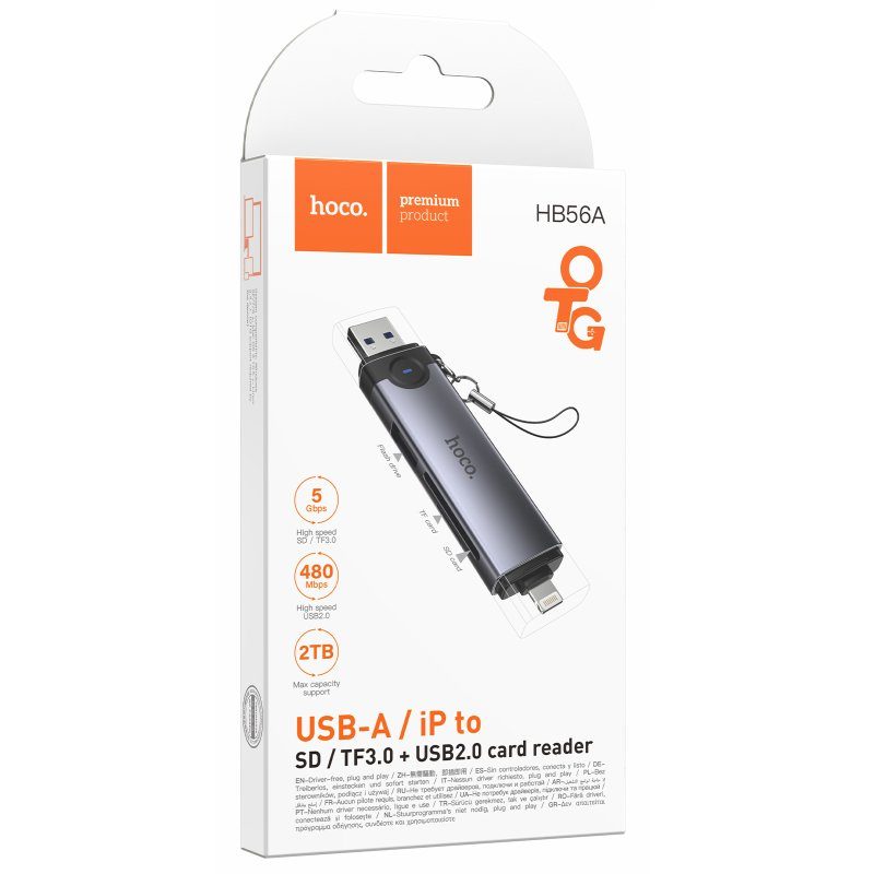 Картридер Hoco HB56A Victory 5in1 Lightning/USB2.0 to SD/TF3.0 + USB 2.0 Metal gray 2
