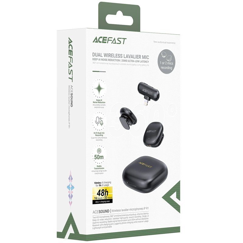 Петличний бездротовий мікрофон Acefast R1 Dual-mic Lightning Black 5