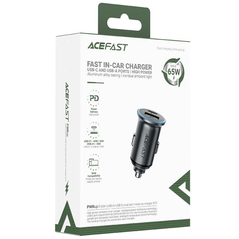 АЗП Acefast B15 PD20W+QC3.0 total 65W (1USB-A/1C) Gray 2