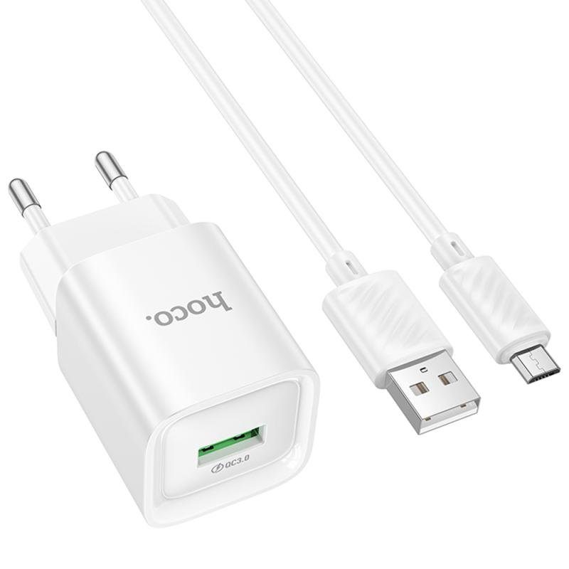 МЗП Hoco C145A Charm QC3.0 18W (1USB-A) + кабель USB to MicroUSB White 3