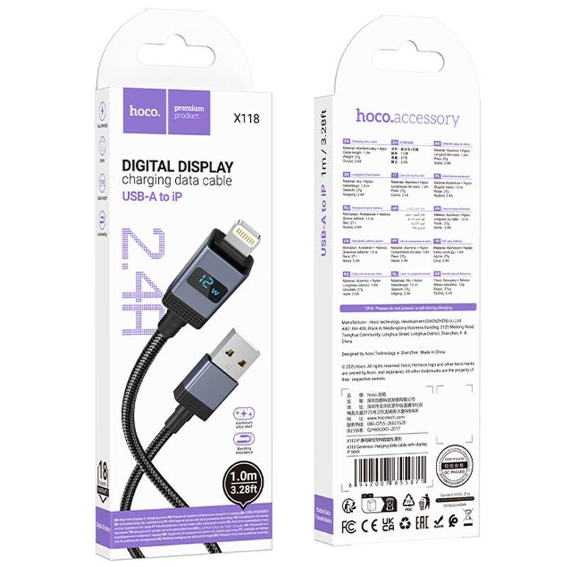 Дата кабель Hoco X118 Generous with display USB to Lightning 2.4A (1m) Black 6