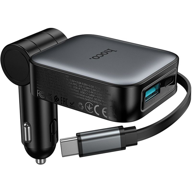 АЗП Hoco Z67 Triunfar PD60W with retractable cable (1USB-A/2C) Metal gray 3