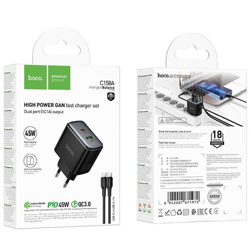 МЗП Hoco C158A Upgrade PD45W (1USB-A/1C) + кабель Type-C to Type-C Black 2