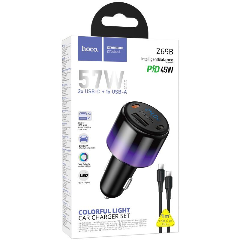 АЗП Hoco Z69B Vivido PD57W+QC3.0 (1USB-A/2C) + кабель Type-C to Type-C Black 2