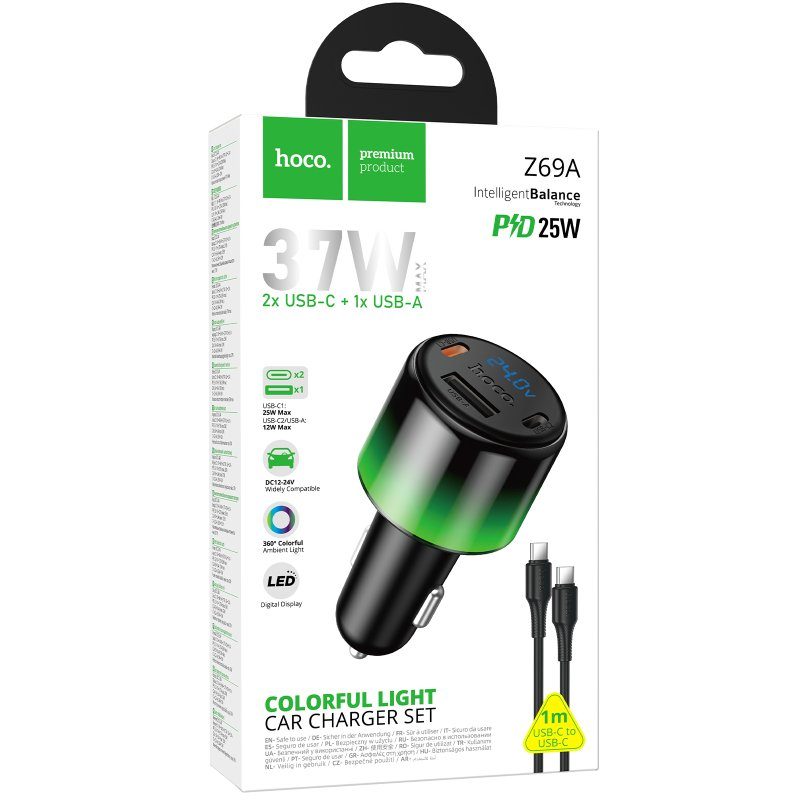 АЗП Hoco Z69A Vivido PD37W+QC3.0 (1USB-A/2C) + кабель Type-C to Type-C Black 2