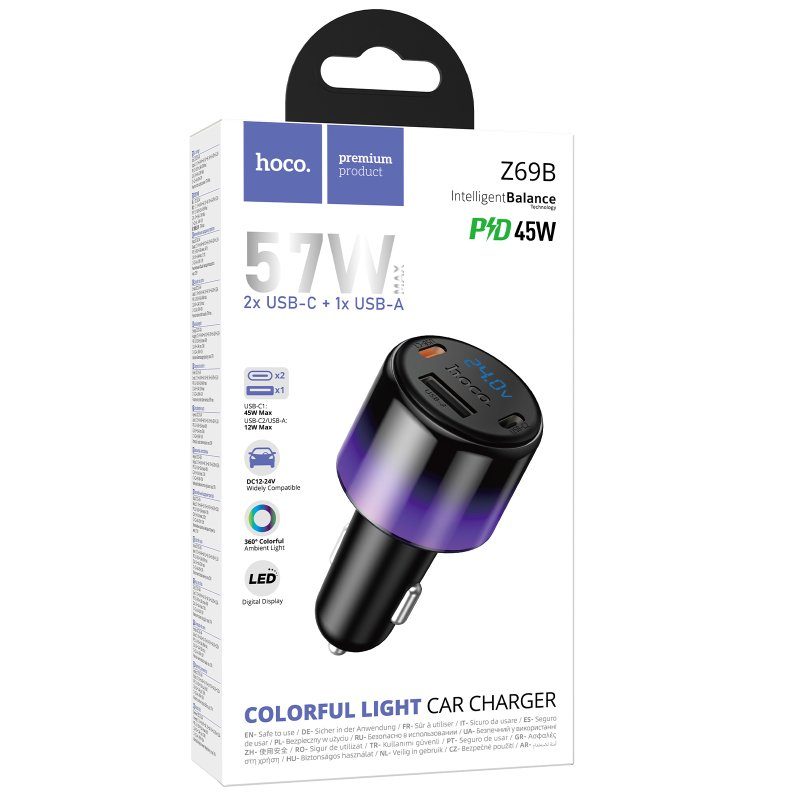 АЗП Hoco Z69B Vivido PD57W+QC3.0 (1USB-A/2C) Black 2