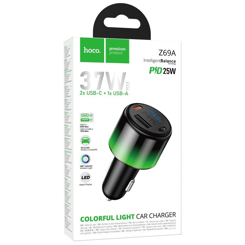 АЗП Hoco Z69A Vivido PD37W+QC3.0 (1USB-A/2C) Black 2