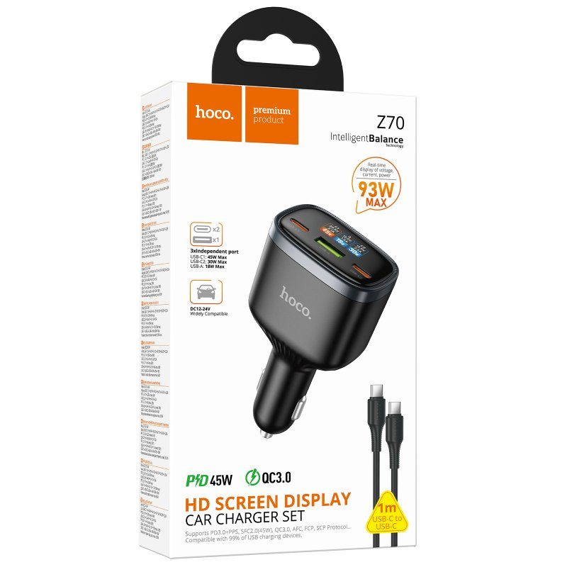 АЗП Hoco Z70 Speed PD45W+QC3.0 total 93W (1USB-A/2C) + кабель Type-C to Type-C Black 2