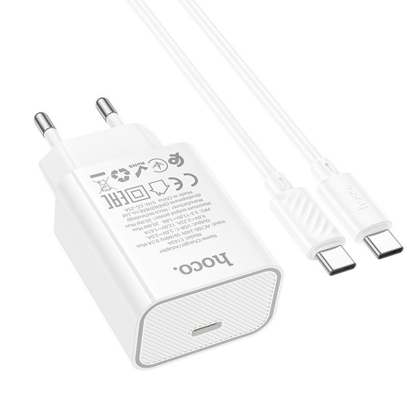 МЗП Hoco C143A Benefit PD20W (1USB-C) + кабель Type-C to Type-C White 4
