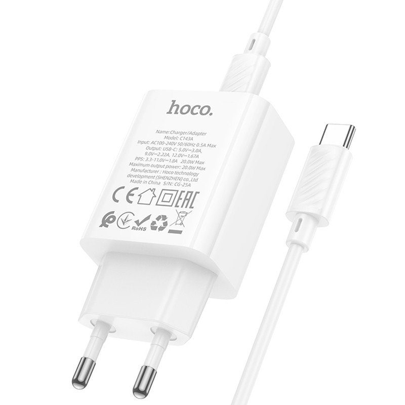 МЗП Hoco C143A Benefit PD20W (1USB-C) + кабель Type-C to Type-C White 7