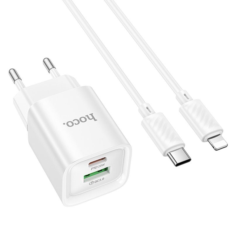 МЗП Hoco C147A PD20W+QC3.0 (1USB-A/1C) + кабель Type-C to Lightning White 2