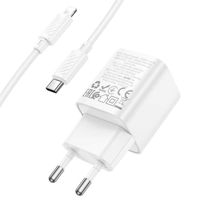 МЗП Hoco C147A PD20W+QC3.0 (1USB-A/1C) + кабель Type-C to Lightning White 4