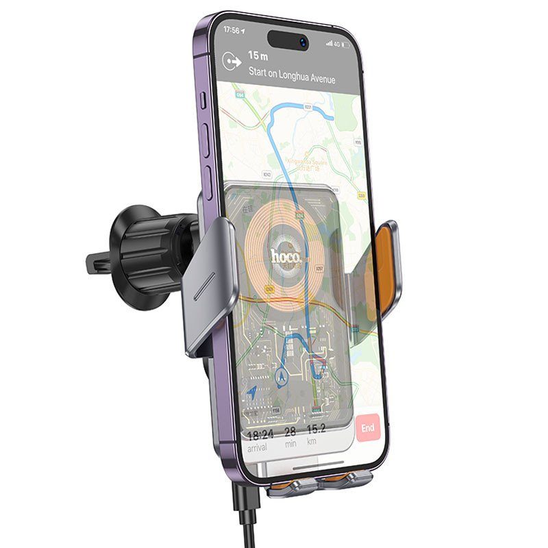 Автотримач з БЗП Hoco HW7 Transparent Discovery 15W (air outlet) Metal gray 2