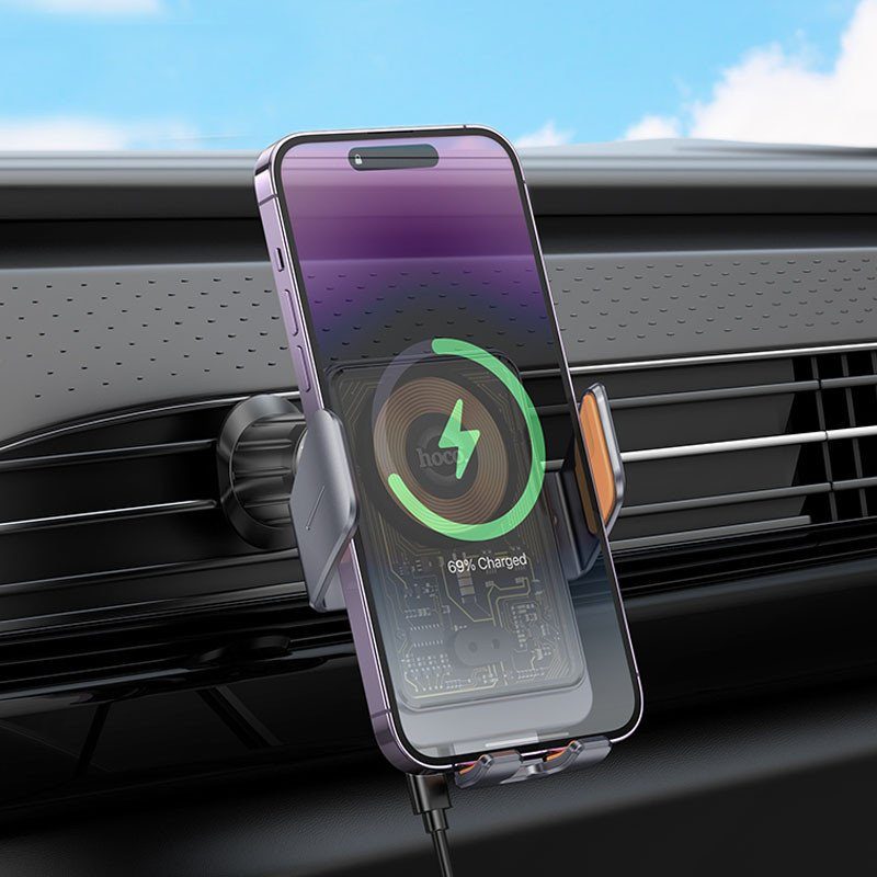 Автотримач з БЗП Hoco HW7 Transparent Discovery 15W (air outlet) Metal gray 8