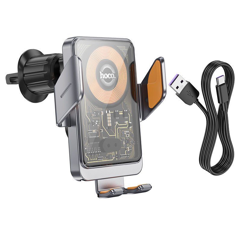 Автотримач з БЗП Hoco HW7 Transparent Discovery 15W (air outlet) Metal gray 7