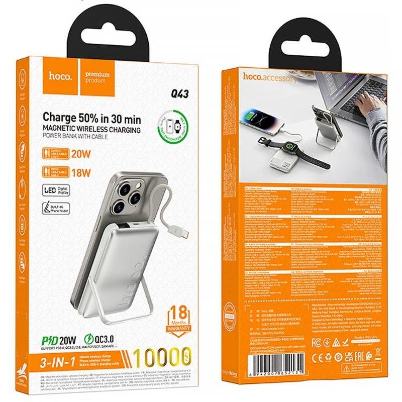 Портативний ЗП Power Bank Hoco Q43 Clever PD20W з БЗП+iWatch Type-C 10000 mAh Silver 4
