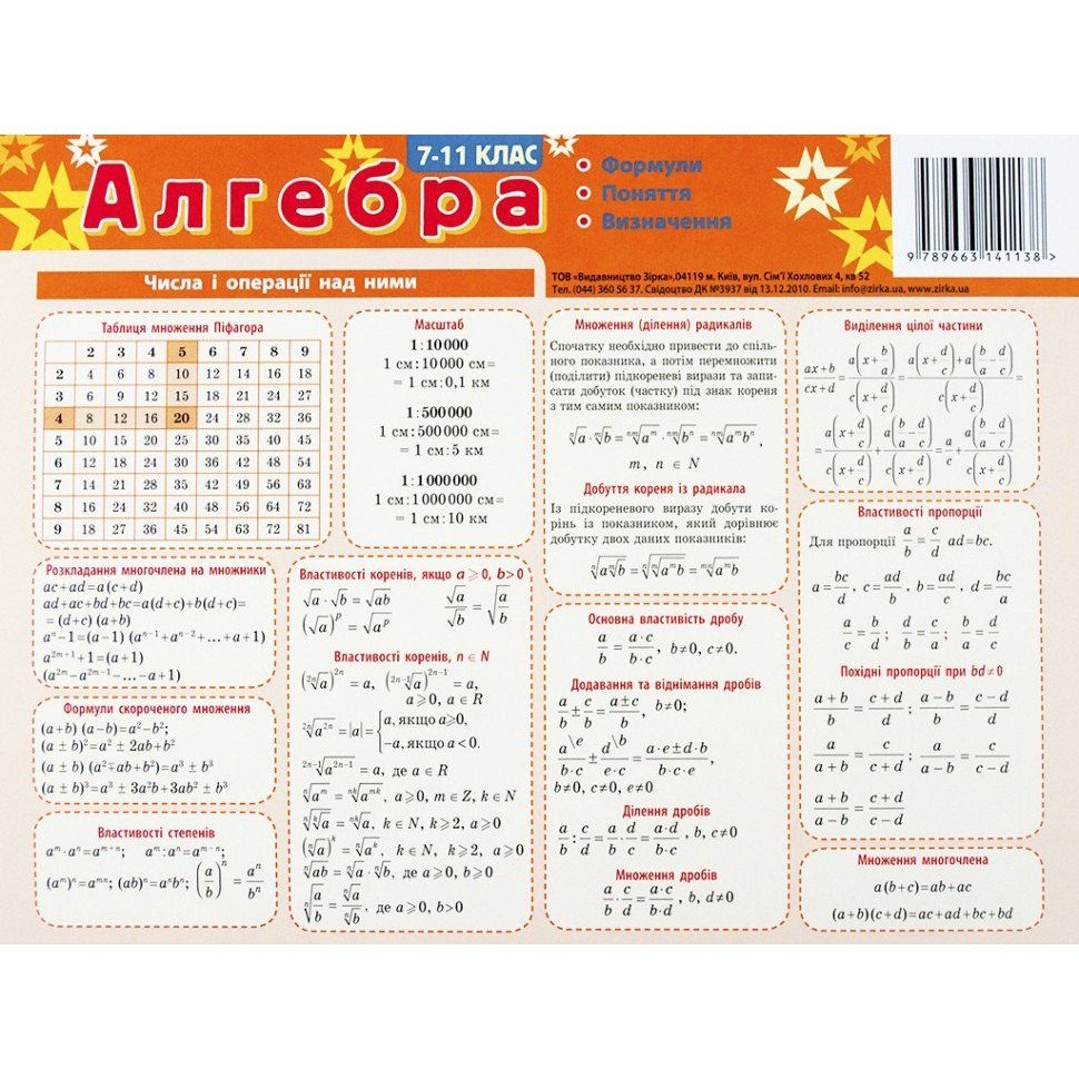 Картонка-підказка Алгебра 7-11 клас 66438
