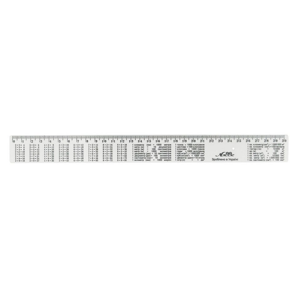Лінійка з табличкою множення AS-0612, К-9052 білий, пластикова, 30 см
